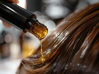 Woman massaging scalp with hair growth essential oils for natural regrowth