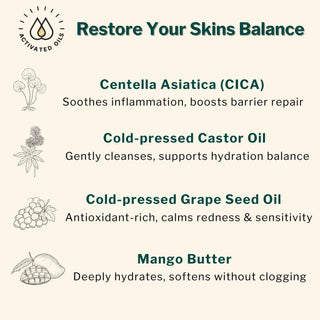 Centella Asiatica, Castor Oil, Grape Seed Oil, and Mango Butter in CICA Repair Cleansing Balm provide anti-inflammatory, hydrating, antioxidant, and barrier-repair benefits for sensitive skin.