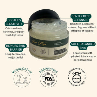 Key benefits of fragrance-free CICA Repair Cleansing Balm for sensitive skin, including makeup removal, redness relief, barrier support, and deep hydration without greasiness.