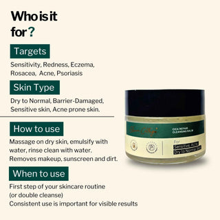 Who should use the CICA Repair Cleansing Balm — recommended for sensitive skin, eczema, psoriasis, rosacea, redness, acne-prone, and reactive skin types. Includes usage guidance and ideal times to use.