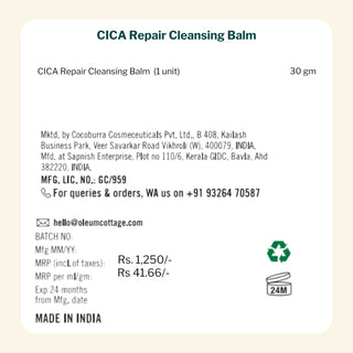 Back label of CICA Repair Cleansing Balm with product details and branding for sensitive skin