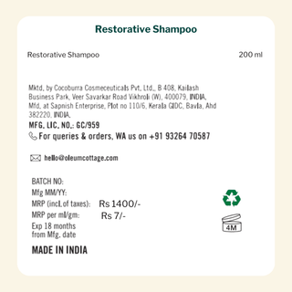 Restorative Shampoo label details, including ingredients, manufacturing details, and price (Rs. 1400) for Oleum Cottage’s scalp care solution.