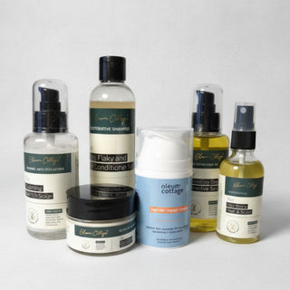 Oleum Cottage best sellers featuring Barrier Repair Cream, Restorative Oil, Daily Repair Body Oil, Ultra Healing Cream, Restorative Shampoo and Calming Anti Itch Lotion