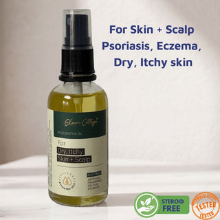 Bottle of skin and scalp remedy with text on a neutral background