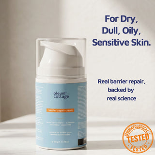 Oleum Cottage barrier repair cream on a white surface with text about skin types and science.