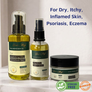 Three skincare products on a white surface with text about skin conditions and product features.