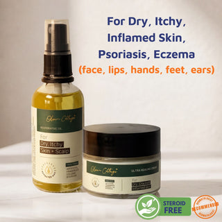 Two skincare products with labels for dry, itchy, inflamed skin on a neutral background.