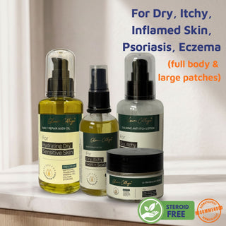 Three bottles of skincare products on a marble surface with text about skin conditions and product benefits.