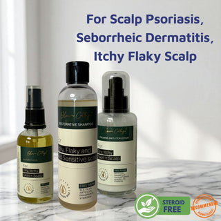 Three bottles of scalp care products on a marble surface with text about scalp conditions and product benefits.