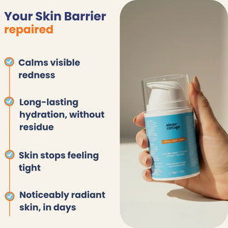 Hand holding a skincare cream with product details on a neutral background