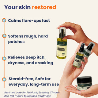 Cosmetic products with text highlighting their benefits on a white background