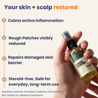 Hand holding a bottle of skincare product with text highlighting its benefits on a white background