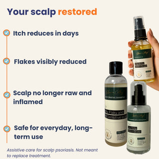 Scalp care product bottles with text highlighting benefits on a white background