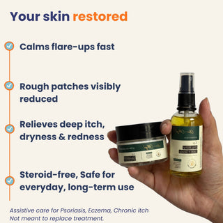 Hand holding skincare products with text highlighting benefits on a white background