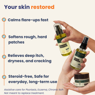 Hand holding skincare products with text highlighting benefits on a white background