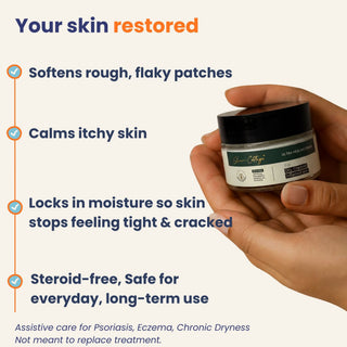 Hand holding a jar of skin care product with text highlighting its benefits on a white background