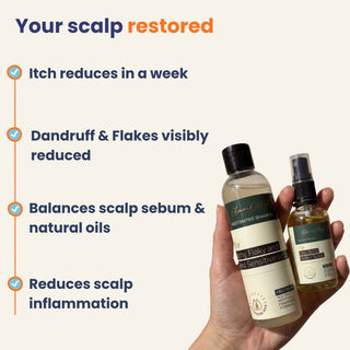 Two scalp care products held in a hand with text highlighting benefits on a white background