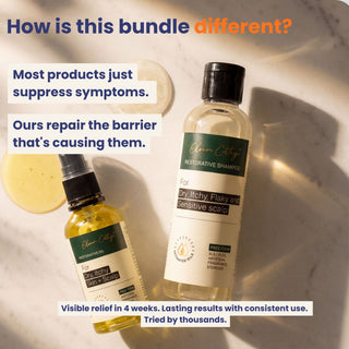 Two bottles of skincare products on a marble surface with promotional text.