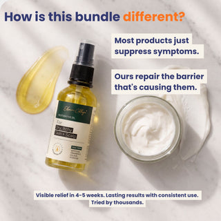 Skincare products including a bottle and jar on a textured surface with promotional text.