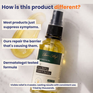 Bottle of skin and scalp oil with text highlighting its benefits on a light background