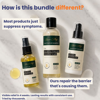 Three skincare products with text highlighting their unique selling points on a textured background.