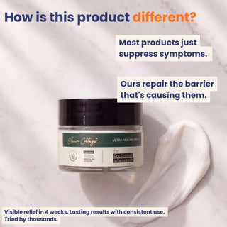 Jar of Ultra Healing Cream with text about product differences on a marble background