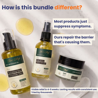 Three skincare products with text highlighting their unique approach to skin care.