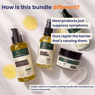 Cosmetic products with text highlighting a difference in approach to skin care.