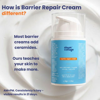 Barrier repair cream with text explaining its unique approach to skin care.