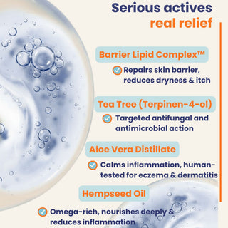 Product packaging with text detailing barrier lipid complex, tea tree oil, aloe vera distillate, and hempseed oil benefits.