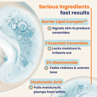 Cosmetic product with text detailing serious ingredients for fast results on a white background