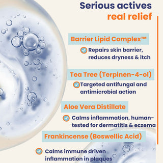 Product packaging with text detailing serious actives for skin relief, including Barrier Lipid Complex, Tea Tree, Aloe Vera Distillate, and Frankincense.