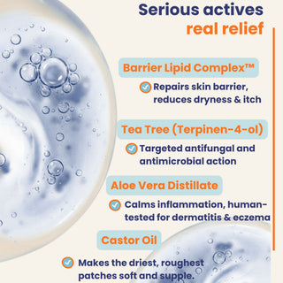 Product advertisement with text about barrier lipid complex, tea tree oil, aloe vera distillate, and castor oil for skin relief.