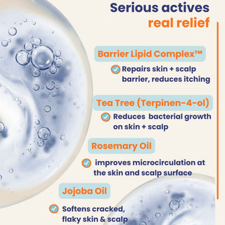 Product advertisement with text about barrier lipid complex, tea tree oil, rosemary oil, and jojoba oil on a background of bubbles.