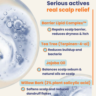 Scalp care product with barrier lipid complex, tea tree oil, jojoba oil, and willow bark on a light background.