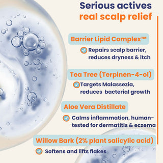Scalp care product with active ingredients and benefits on a light background