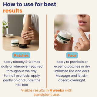 Instructions on how to use a product for best results, showing patches and face application.