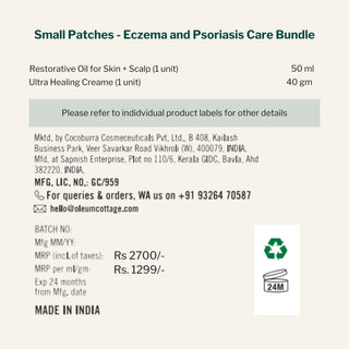 Product label for a small patches eczema and psoriasis care bundle with details on ingredients, quantity, and manufacturing information.