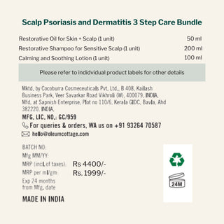Product label for Scalp Psoriasis and Dermatitis 3 Step Care Bundle with details and branding information.