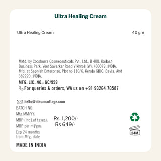 Back label of Ultra Healing Cream packaging with product details on a beige background