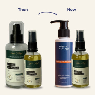 Old and new packaging of Oleum Cottage Calming Anti-Itch Lotion shown with Restorative Oil, for dry, itchy skin and scalp.