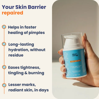Barrier Repair Cream benefits showing faster healinng of pimples, long-lasting hydration, reduced skin tightness and radiant, healthy-looking skin in days.