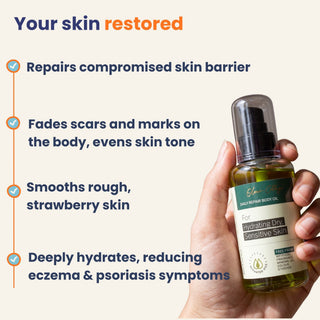 Daily Repair Body Oil repairs the skin barrier, deeply hydrates dry skin, smooths rough and strawberry skin, fades scars and marks, and helps relieve eczema and psoriasis symptoms.