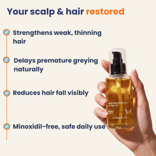 Deeply Conditioning Hair Growth Oil strengthens thinning hair, reduces hair fall, supports natural hair growth, helps delay premature greying, and restores scalp health. Minoxidil-free and safe for daily use.