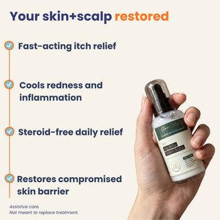 Calming Anti-Itch Lotion provides fast itch relief, cools redness and inflammation, restores the skin barrier, and supports daily care for scalp psoriasis, eczema, seborrheic dermatitis, and dry itchy skin.