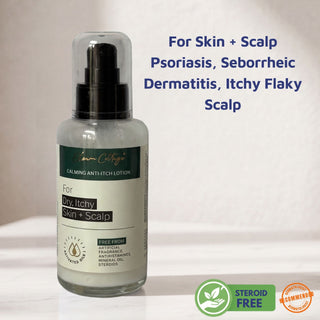 Calming Anti Itch Lotion for skin and scalp psoriasis, seborrheic dermatitis, itchy flaky scalp, eczema, and dry itchy skin. Steroid-free barrier repair lotion recommended by dermatologists.