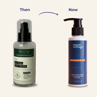 Old and new packaging of Oleum Cottage Calming Anti-Itch Lotion, from a frosted glass pump bottle to a white bottle with a blue label.