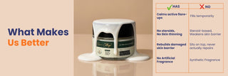 Comparison of Ultra Healing Cream and conventional creams showing steroid-free, fragrance-free barrier repair with Barrier Lipid Complex™ that rebuilds the skin barrier, calms eczema flare-ups, and avoids skin thinning.