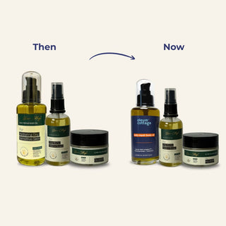Oleum Cottage Complete Care bundle with new packaging of Daily Repair Body Oil in navy blue.