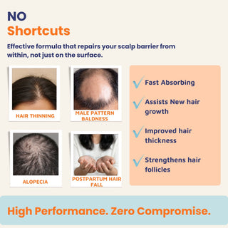 Deeply Conditioning Hair Growth Oil for male pattern baldness, hair thinning, alopecia, and postpartum hair fall. Fast-absorbing scalp barrier repair oil that strengthens hair follicles, improves hair thickness, and supports new hair growth.